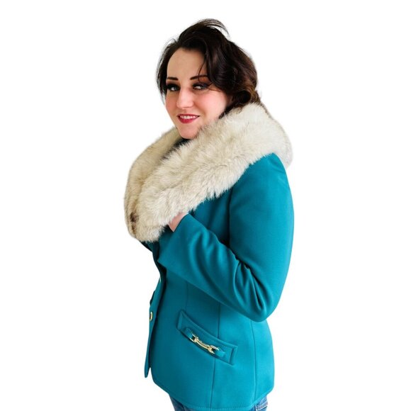 Lilli Ann Vintage Teal Jacket with fox fur collar SZM_6 - Picture 4 of 11